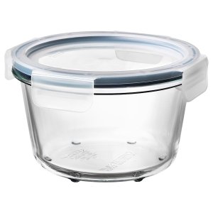 Food container with lid, round glass/plastic, 600 ml
