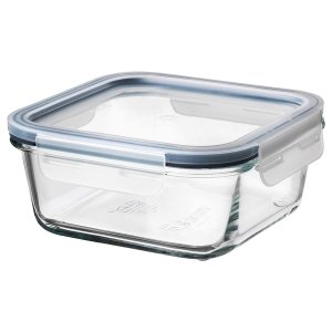Food container with lid, square glass/plastic, 600 ml